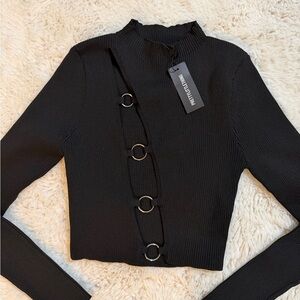 NEW! PrettyLittleThing Black Ring Detail Crop Top Sweater size medium